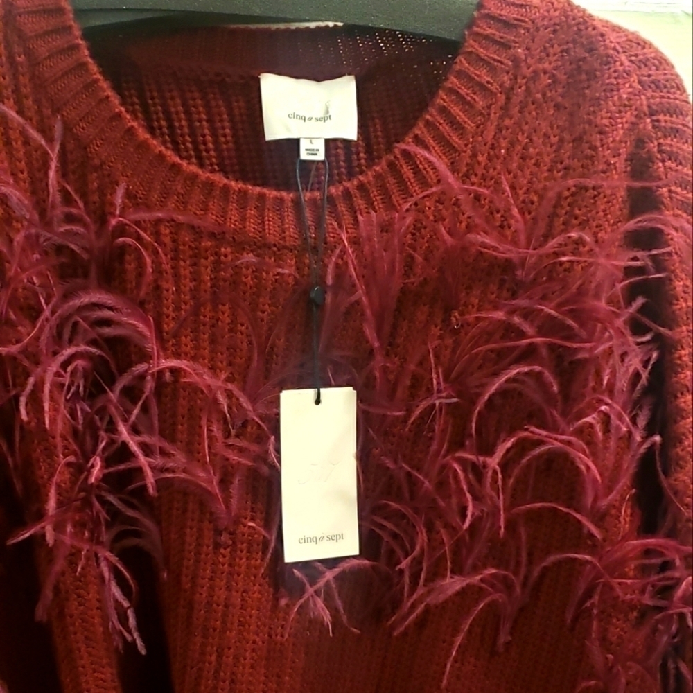 Cinq à Sept Melanie Burgundy Ostrich Feather Wool-Blend Sweater - Picture 9 of 9